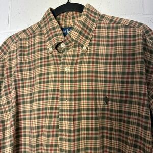 Polo Ralph Lauren Blake Mens Medium Plaid Button Down Shirt Green Tan Cotton